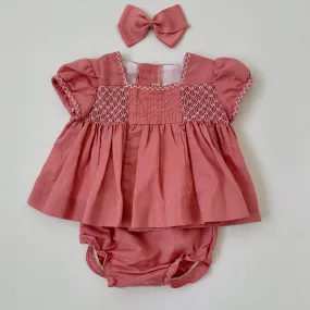 La Coqueta Pink Linen Smocked Set: 6 Months