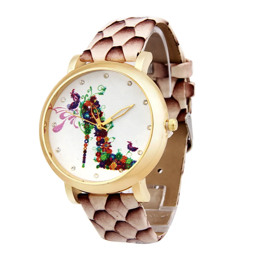 Ladies Wristwatch High-Heeled Shoes Pattern Leather Band Analog Quartz Watch Montre homme Feida