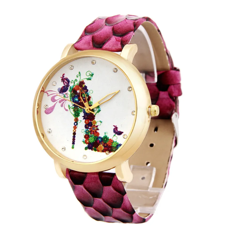 Ladies Wristwatch High-Heeled Shoes Pattern Leather Band Analog Quartz Watch Montre homme Feida