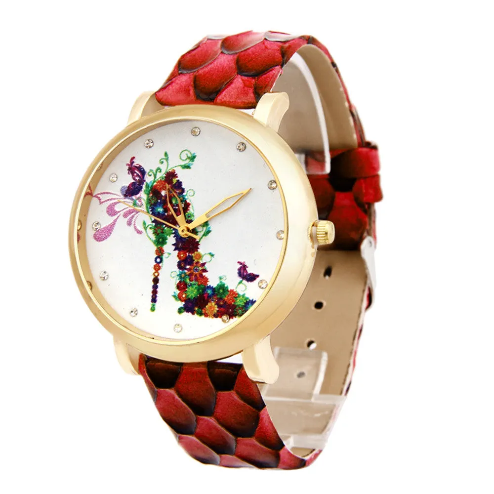 Ladies Wristwatch High-Heeled Shoes Pattern Leather Band Analog Quartz Watch Montre homme Feida