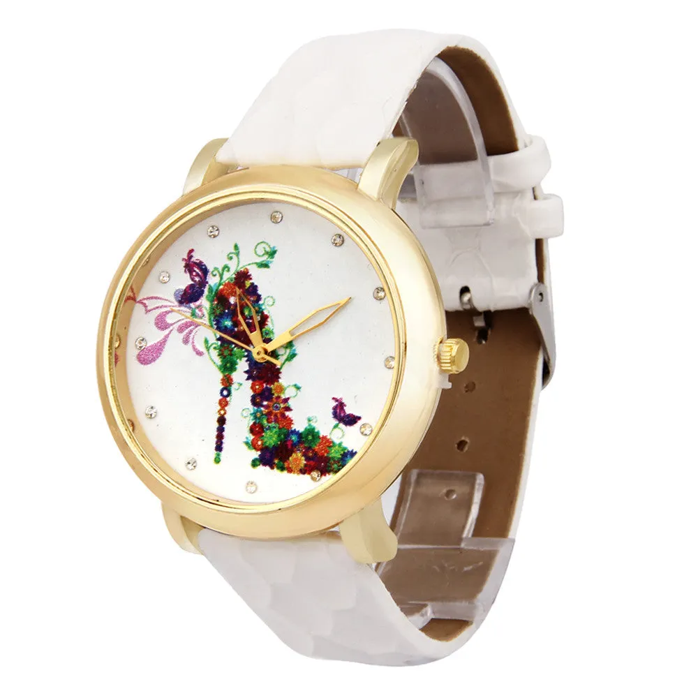 Ladies Wristwatch High-Heeled Shoes Pattern Leather Band Analog Quartz Watch Montre homme Feida