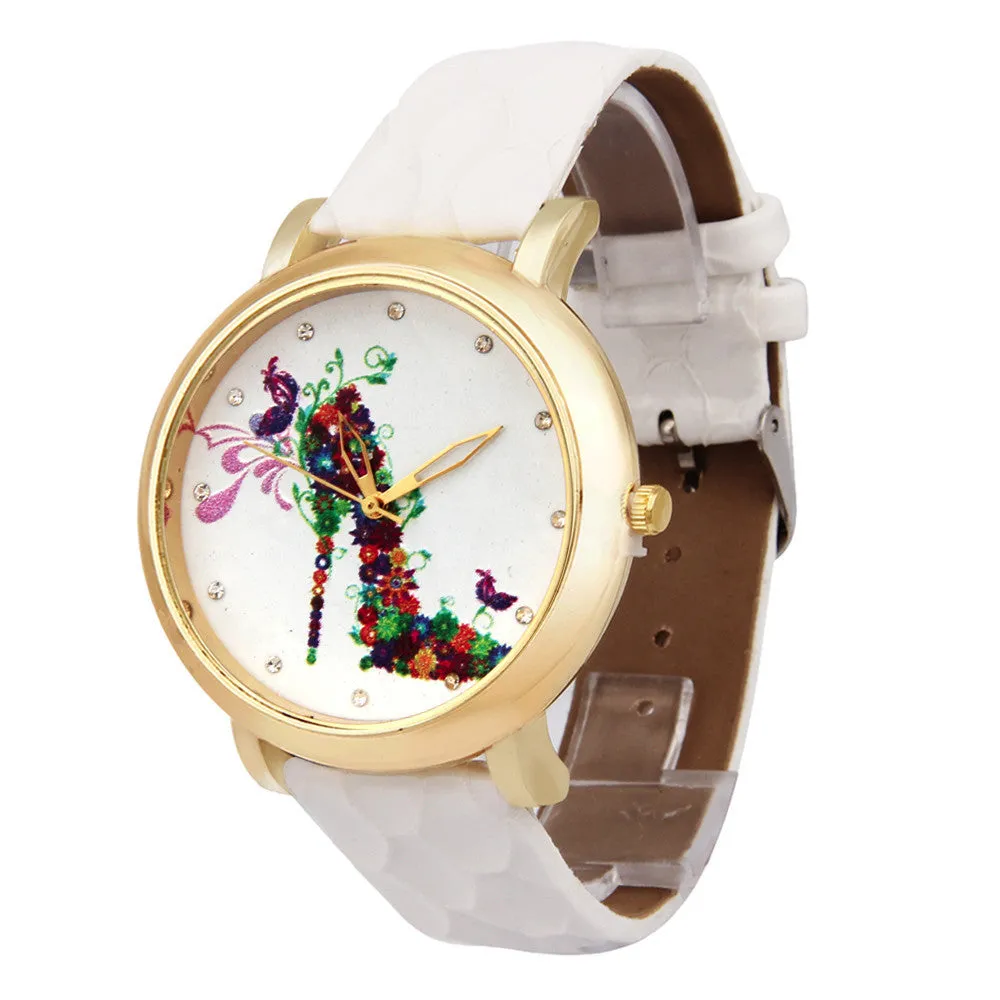 Ladies Wristwatch High-Heeled Shoes Pattern Leather Band Analog Quartz Watch Montre homme Feida