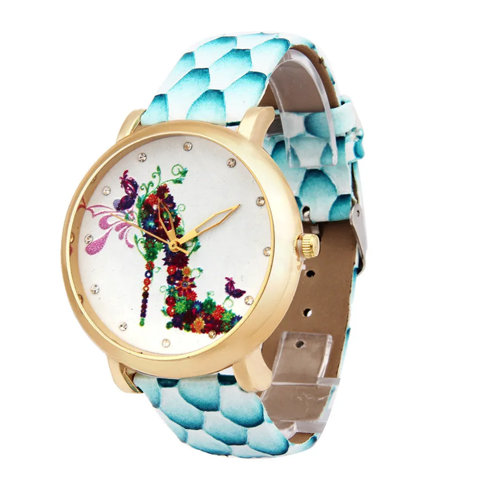 Ladies Wristwatch High-Heeled Shoes Pattern Leather Band Analog Quartz Watch Montre homme Feida