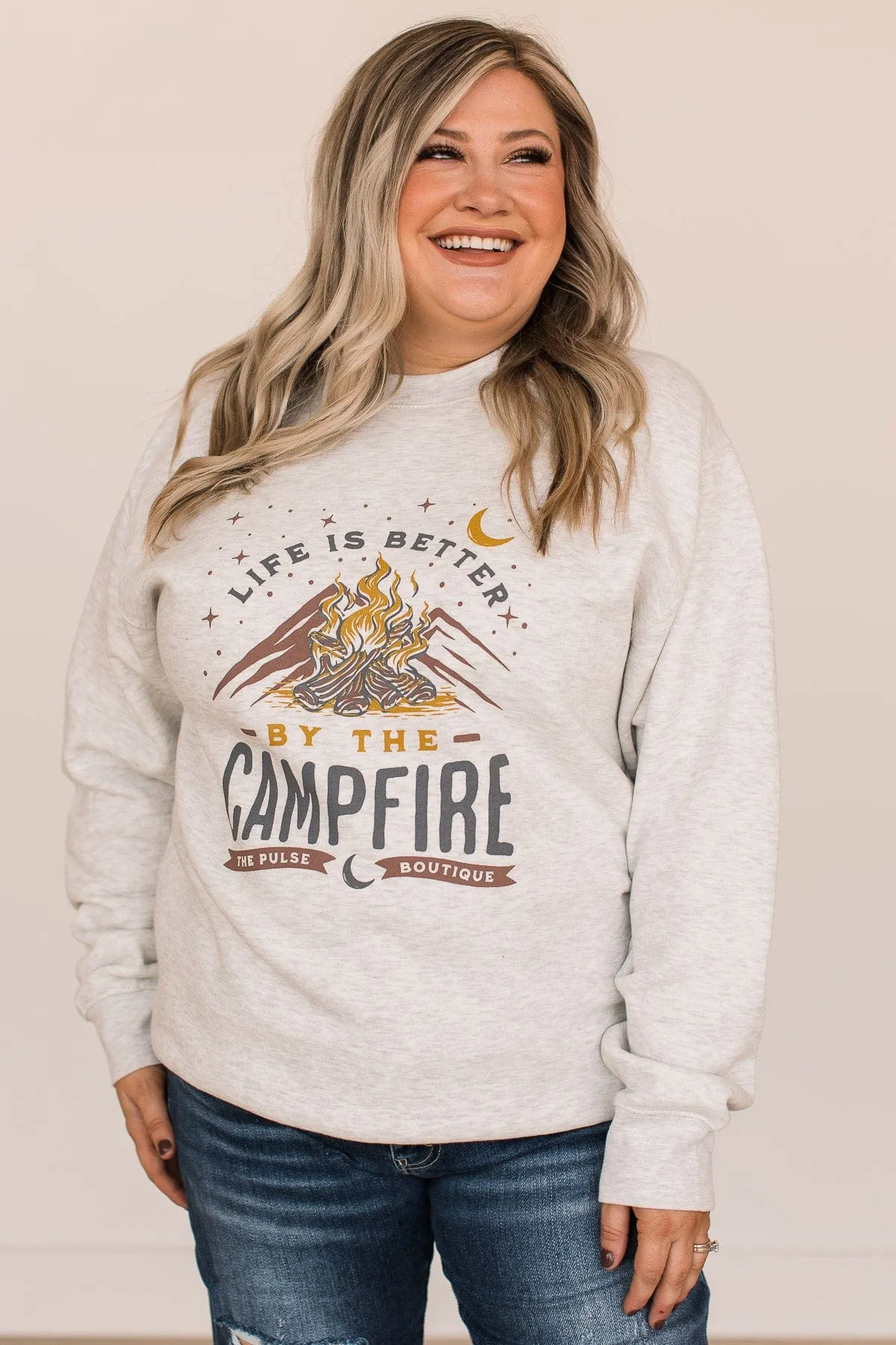 Life Is Better By The Campfire Crew Neck- Light Heather Grey