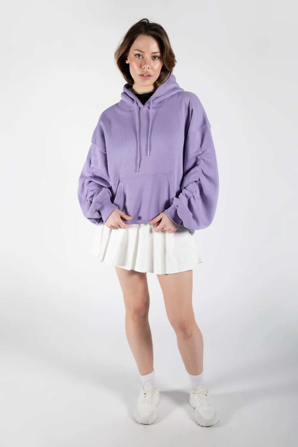 Lilac Oversized Ruched Sleeves Hoodie 