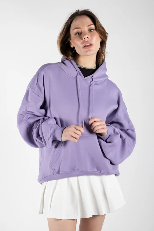 Lilac Oversized Ruched Sleeves Hoodie 