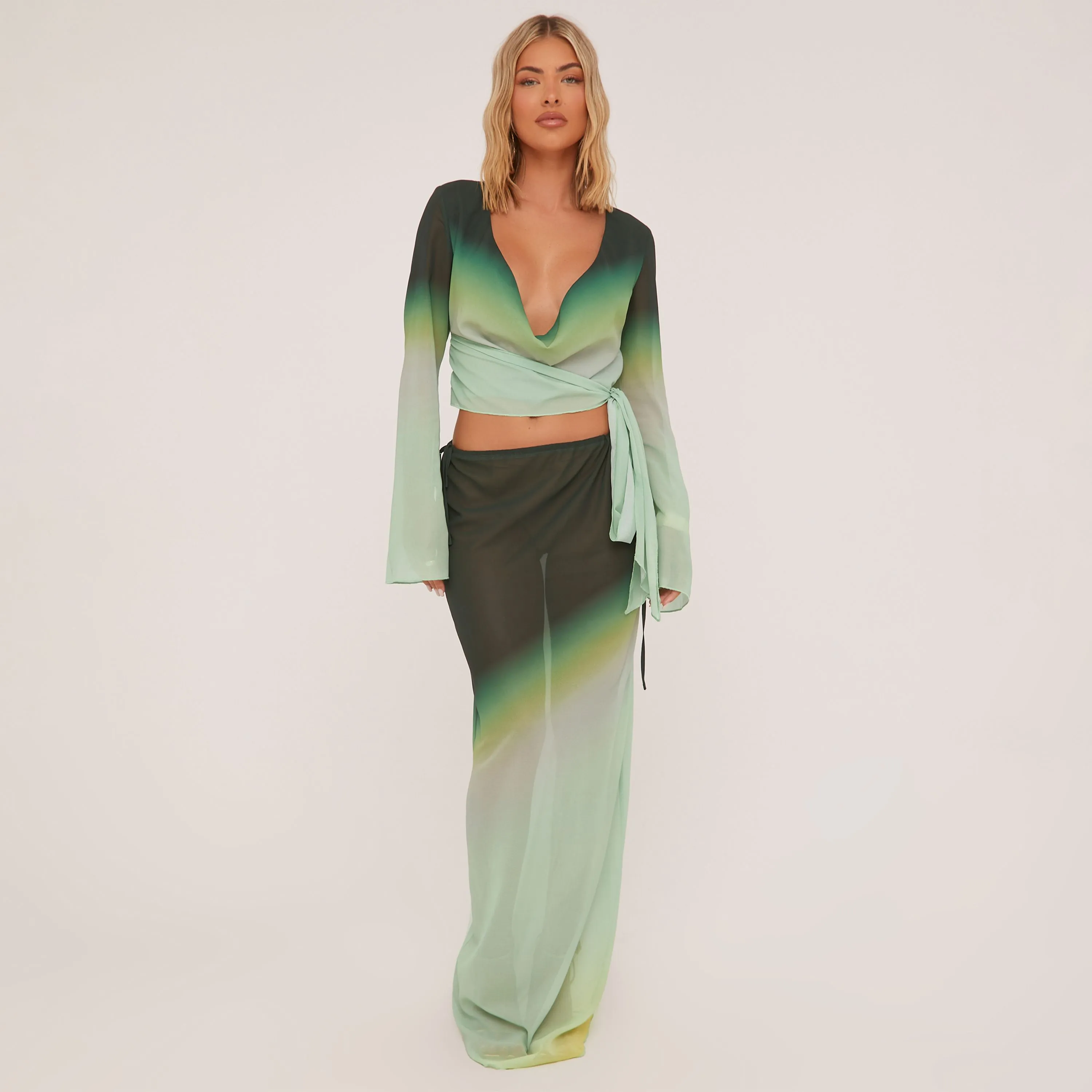 Low Rise Tie Side Maxi Skirt In Green Ombre Mesh