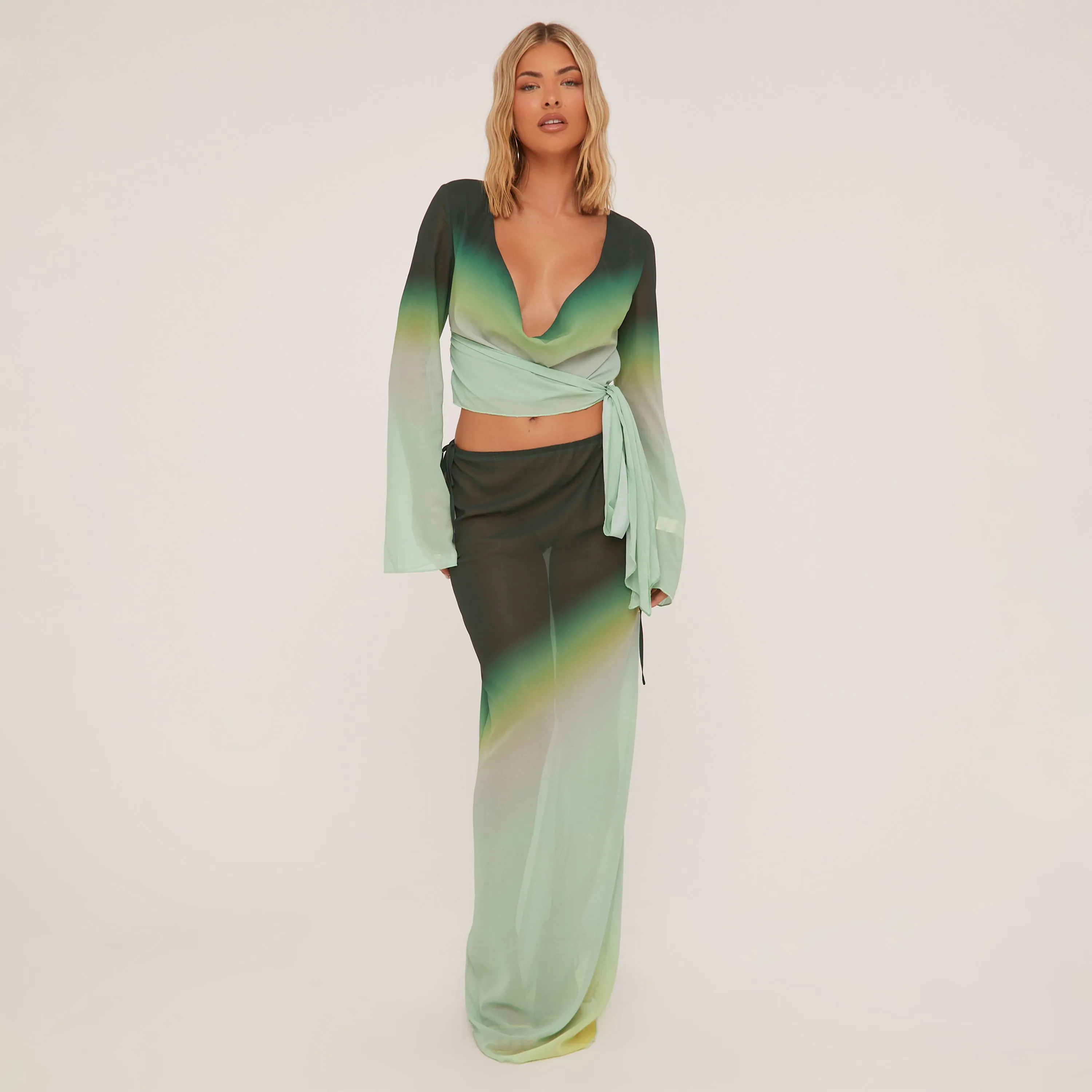 Low Rise Tie Side Maxi Skirt In Green Ombre Mesh