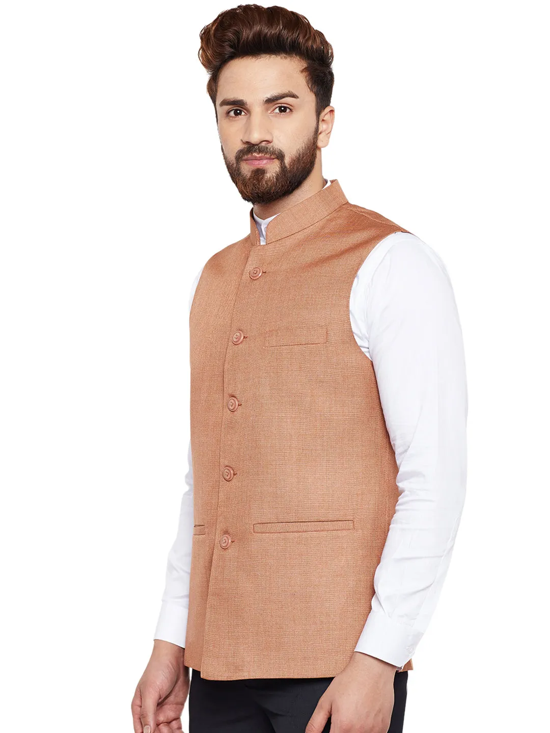 Men Brown Solid Slim Fit Formal Nehru Jacket