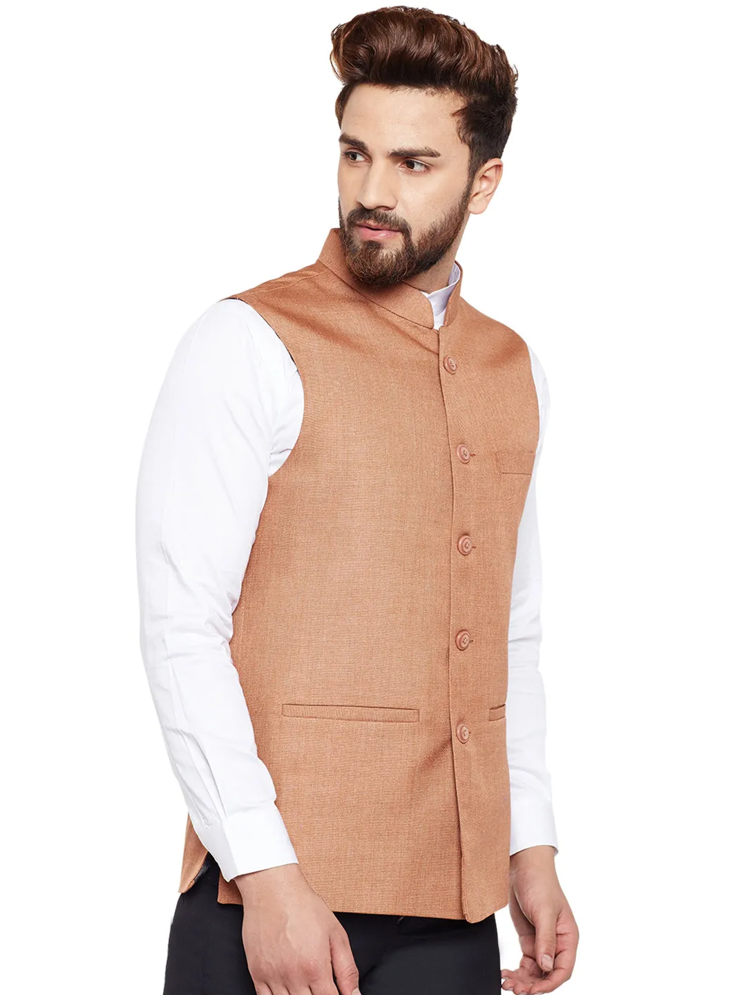 Men Brown Solid Slim Fit Formal Nehru Jacket