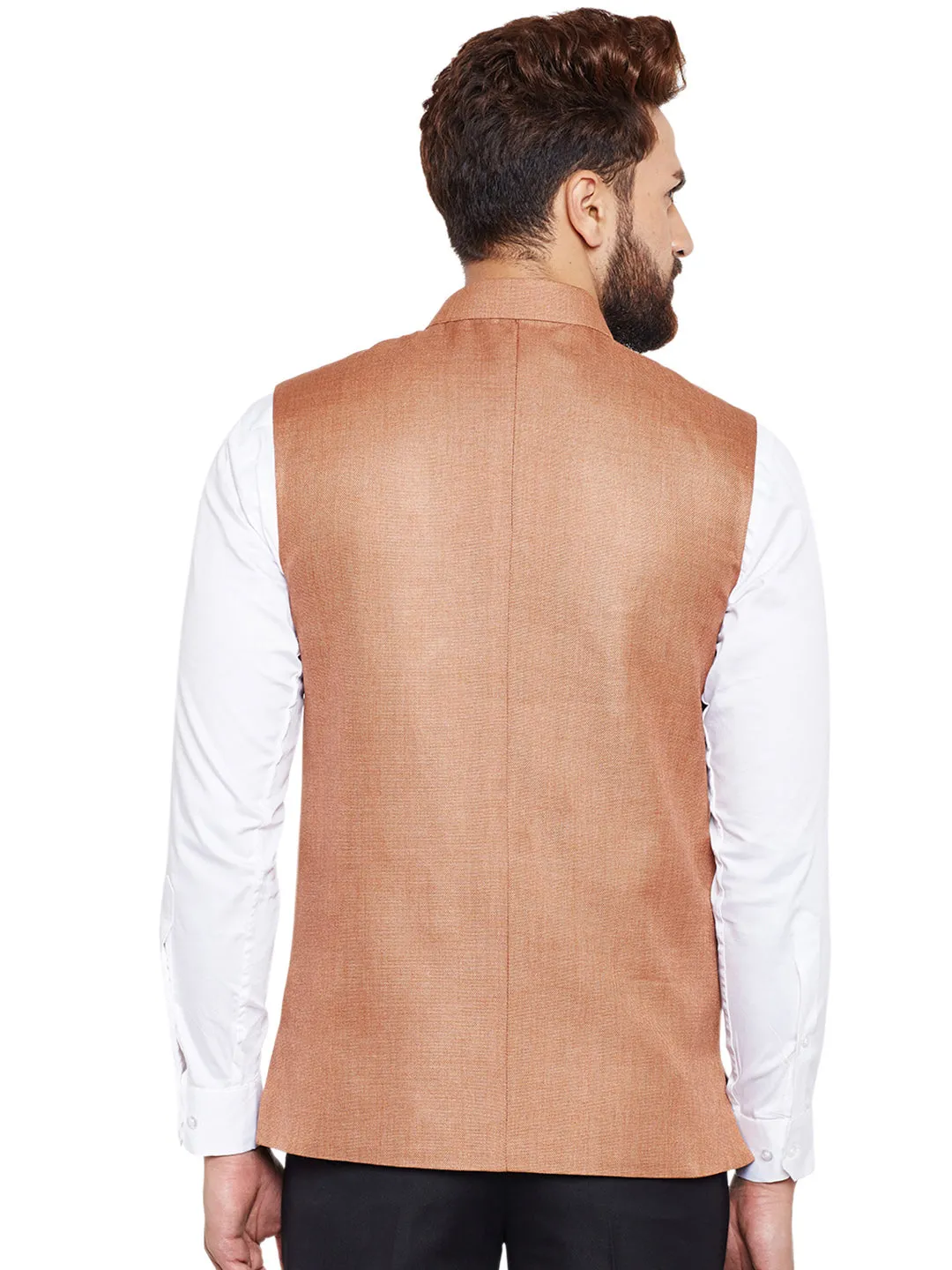 Men Brown Solid Slim Fit Formal Nehru Jacket