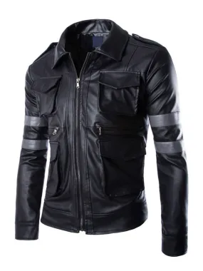 Men Leather Jackets PU Leather Long Sleeves Windbreaker Black Winter Coats