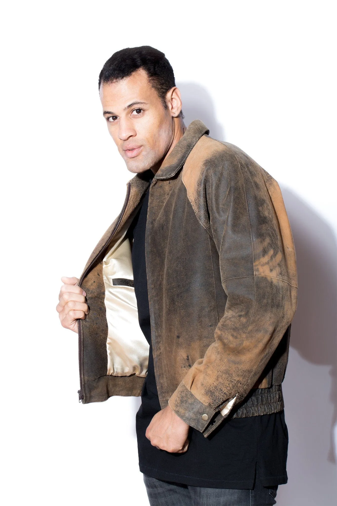 Men's Brown Distressed Shaved Lambskin Bomber