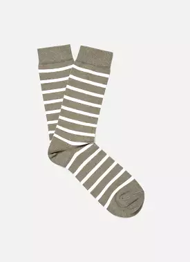 Men's Cotton Socks in Pale Khaki/Ecru Breton Stripe