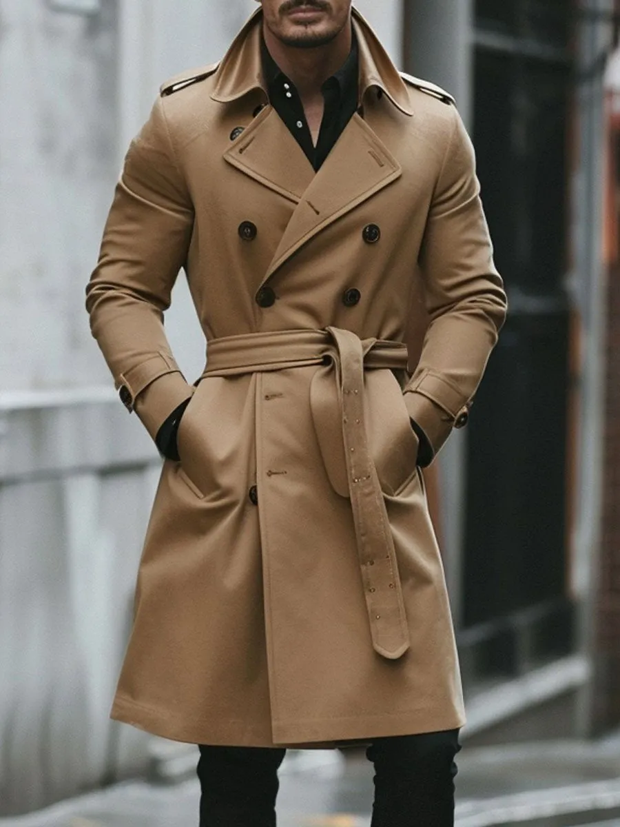 Men's Lapel Double Pocket Belt Mid-Length Trench Coat