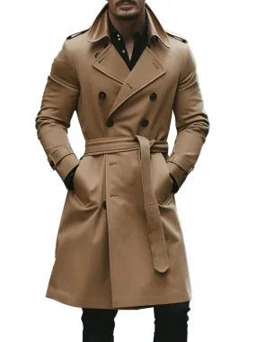 Men's Lapel Double Pocket Belt Mid-Length Trench Coat