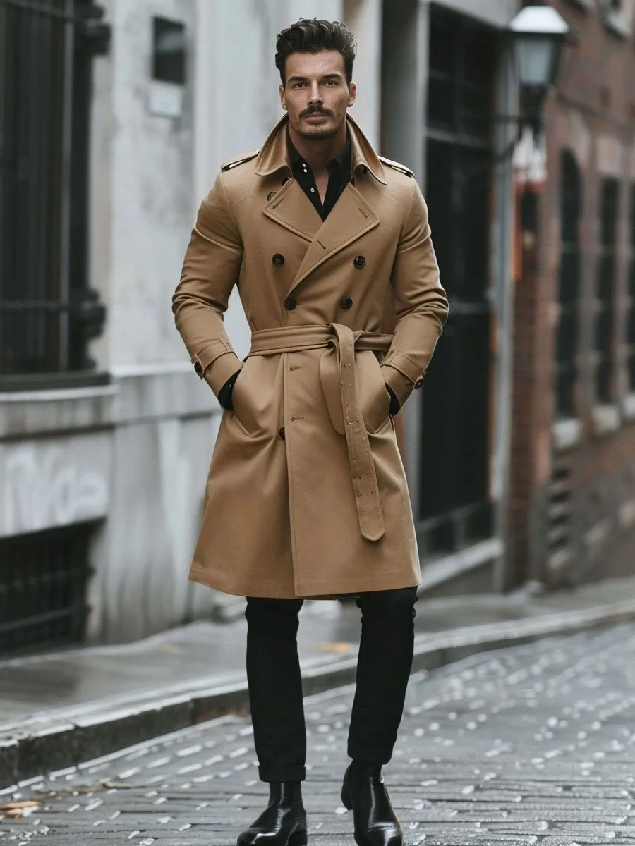 Men's Lapel Double Pocket Belt Mid-Length Trench Coat