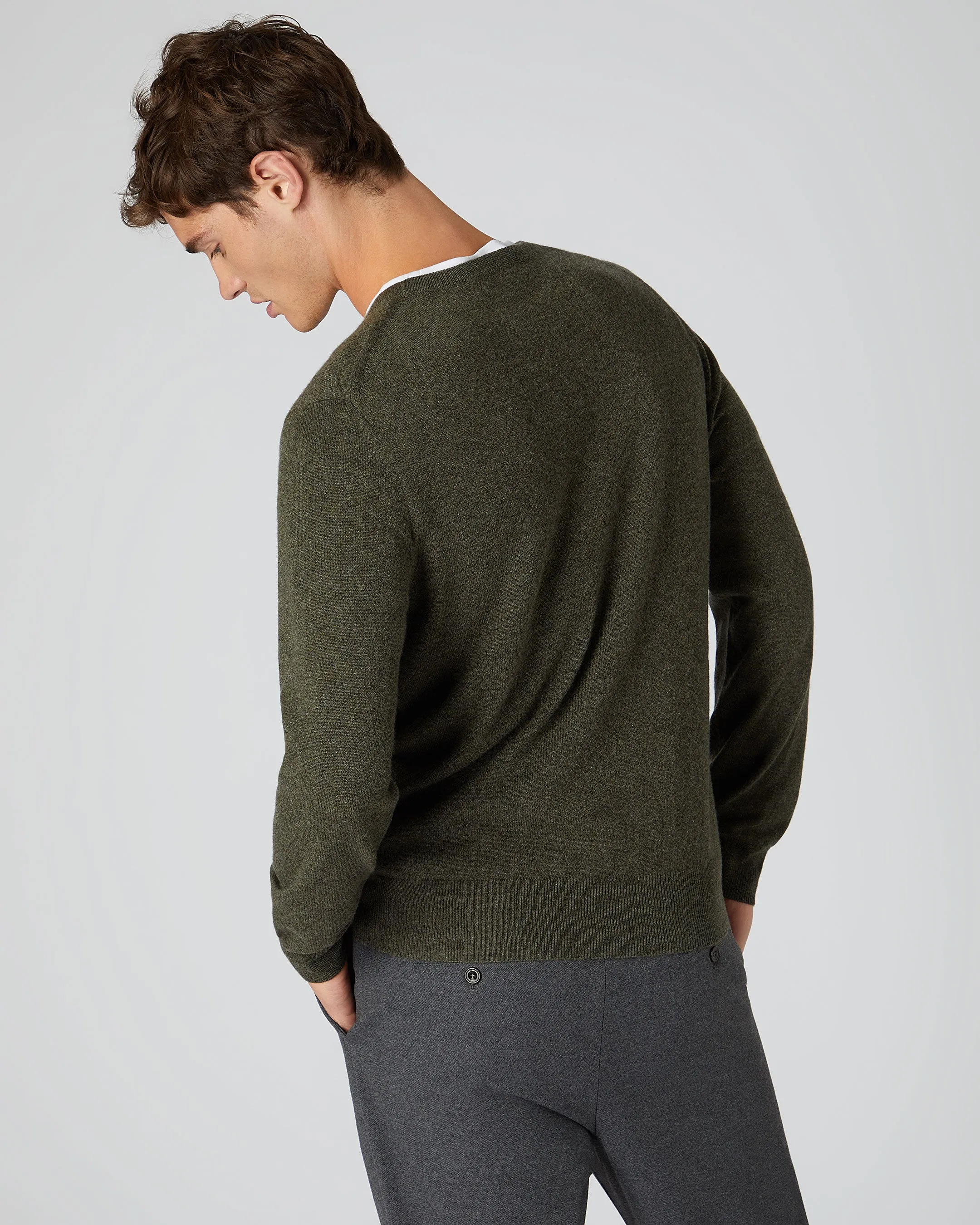 Men's Oxford Round Neck Cashmere Jumper Moss Green