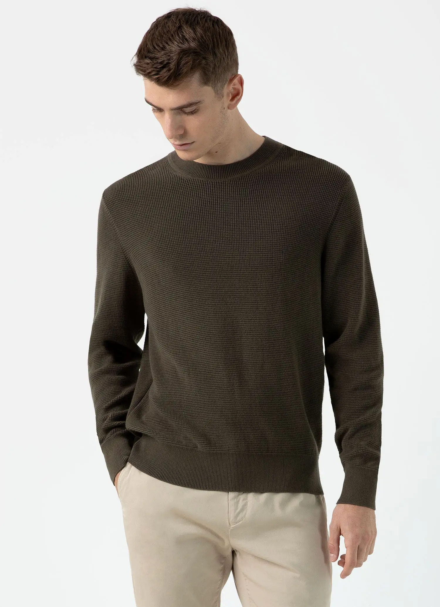 Men's Waffle Stitch Crew Neck Jumper in Khaki