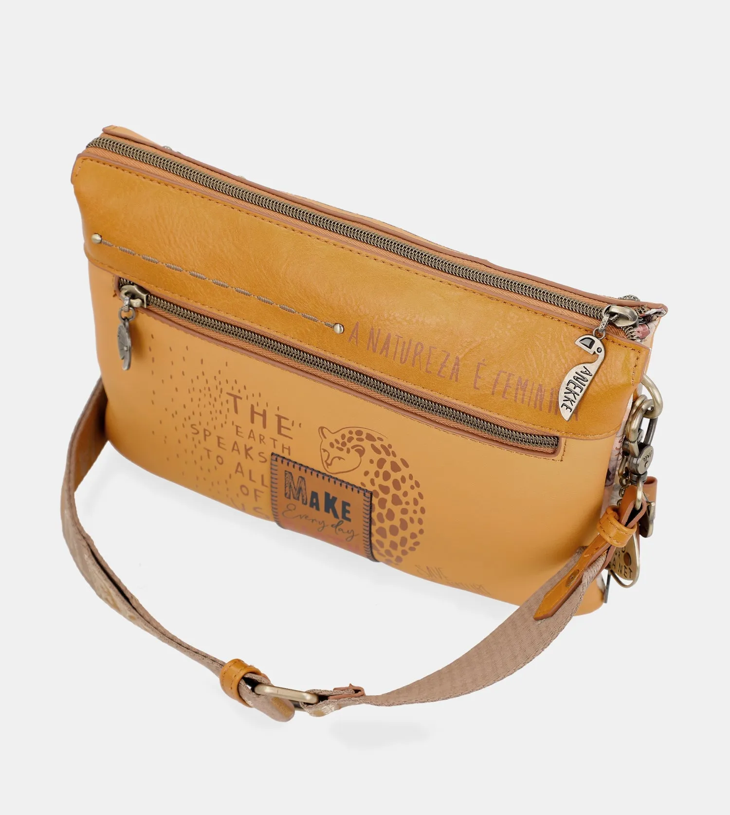 Nature Pachamama ochre crossbody bag with two compartments