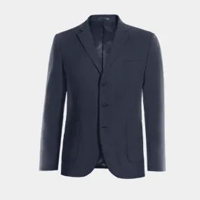 Navy blue linen essential 3-buttons Suit Jacket with patched pockets