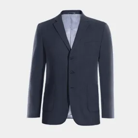 Navy blue linen essential three buttons Jacket with patched pockets