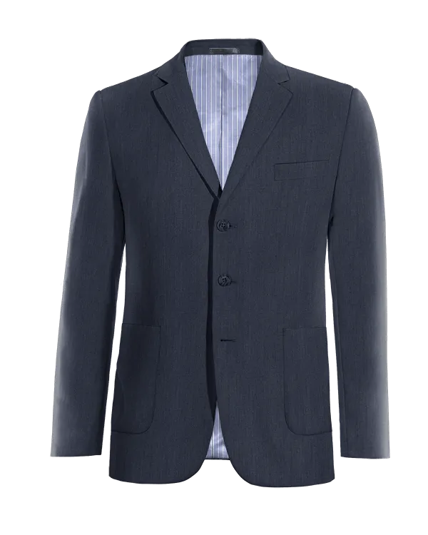 Navy blue linen essential three buttons Jacket with patched pockets