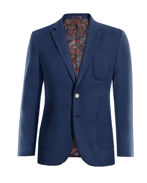 Navy blue linen slim fit Jacket with patched pockets