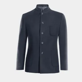 Navy blue mandarin slim fit Jacket with patched pockets