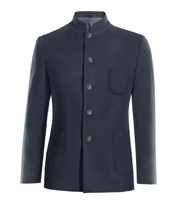 Navy blue mandarin slim fit Jacket with patched pockets