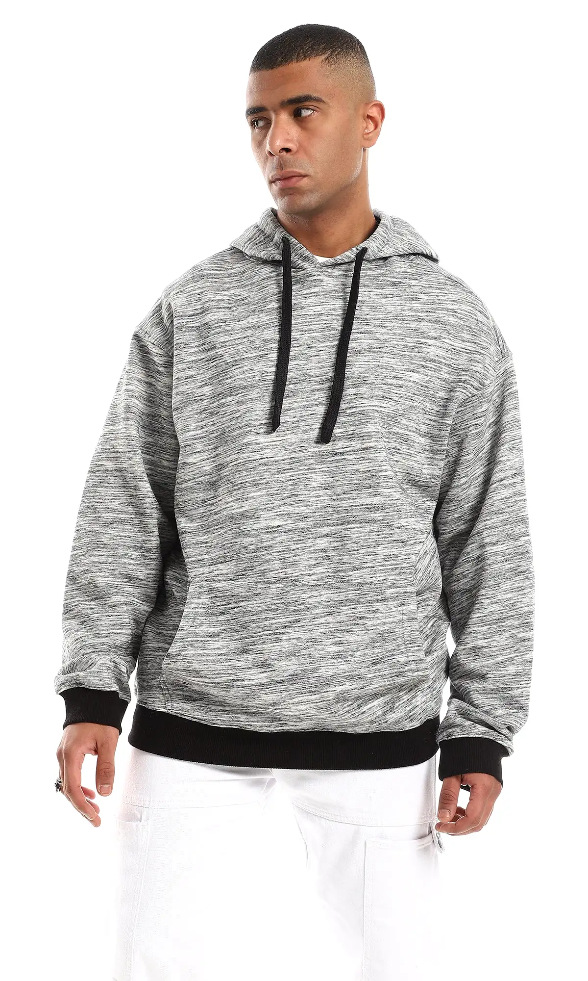 O152817 Odd Cuffs & Hem Long Sleeves Hoodie -  Heather Grey & Black