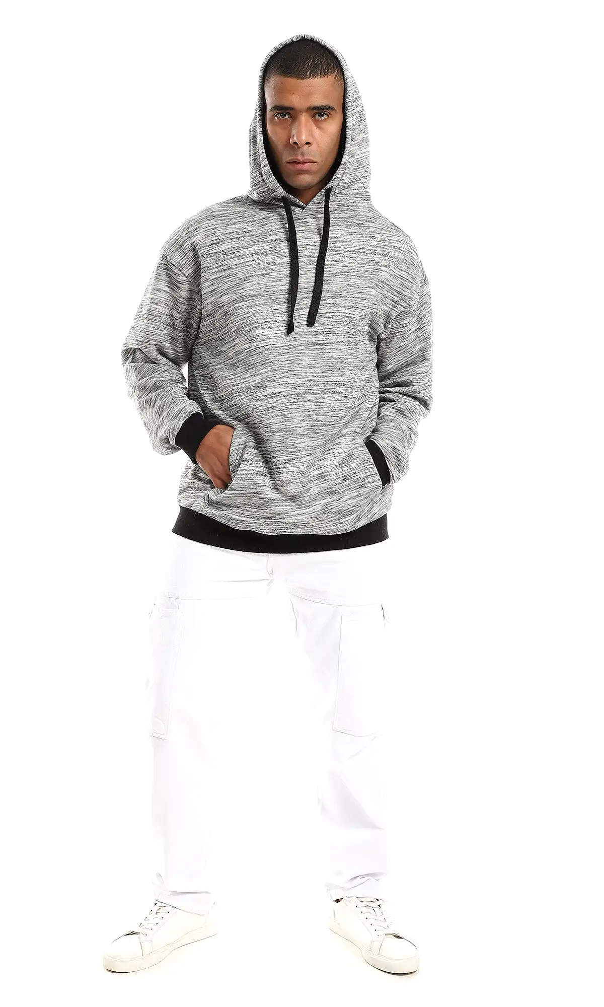 O152817 Odd Cuffs & Hem Long Sleeves Hoodie -  Heather Grey & Black