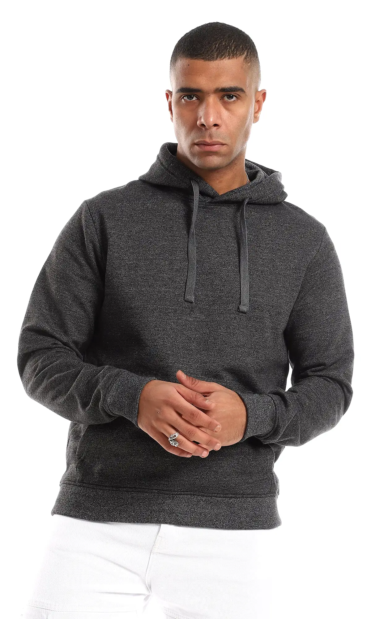 O157604 Regular Fit Long Sleeves Slip On Hoodie - Heather Charcoal