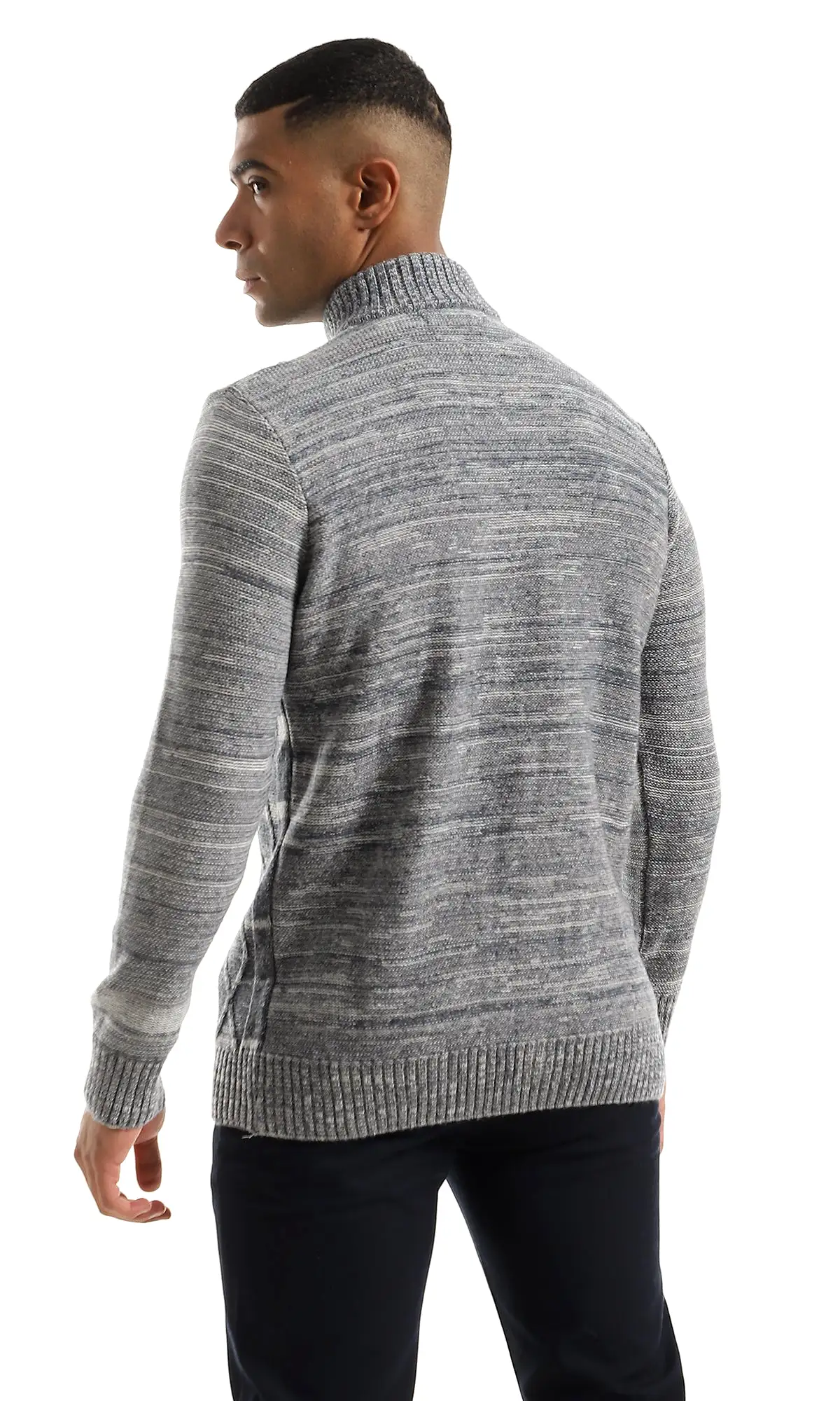 O158765 Casual Zip Through Neck Heather Grey & Petroleum Sweater