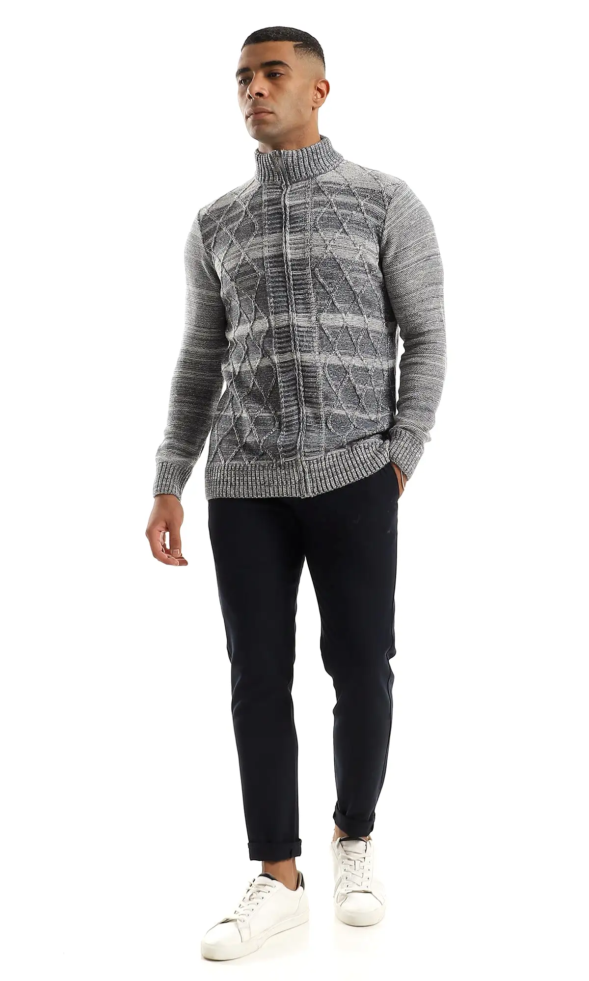 O158765 Casual Zip Through Neck Heather Grey & Petroleum Sweater