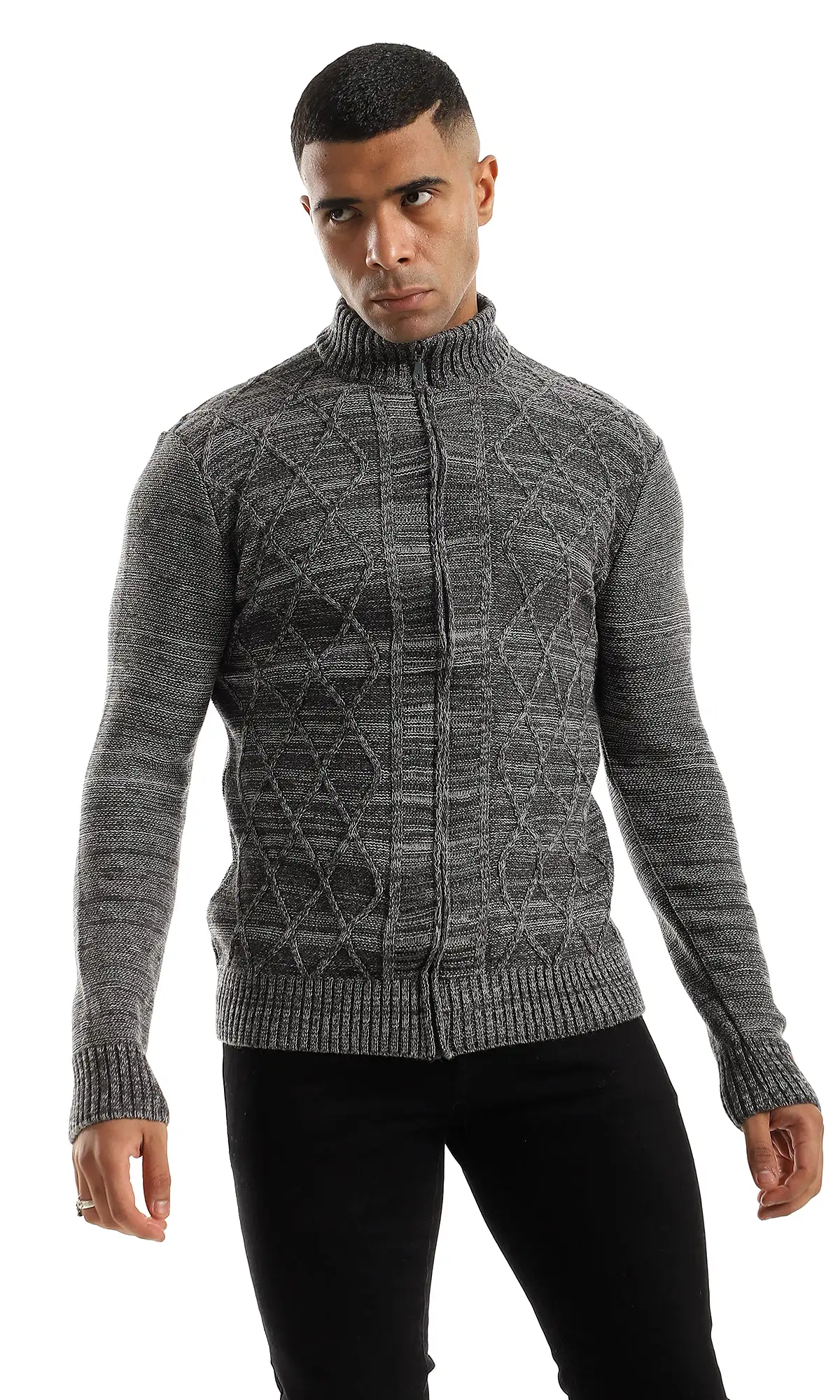 O158766 Cozy Zip Through Neck Heather Dark Grey Sweater