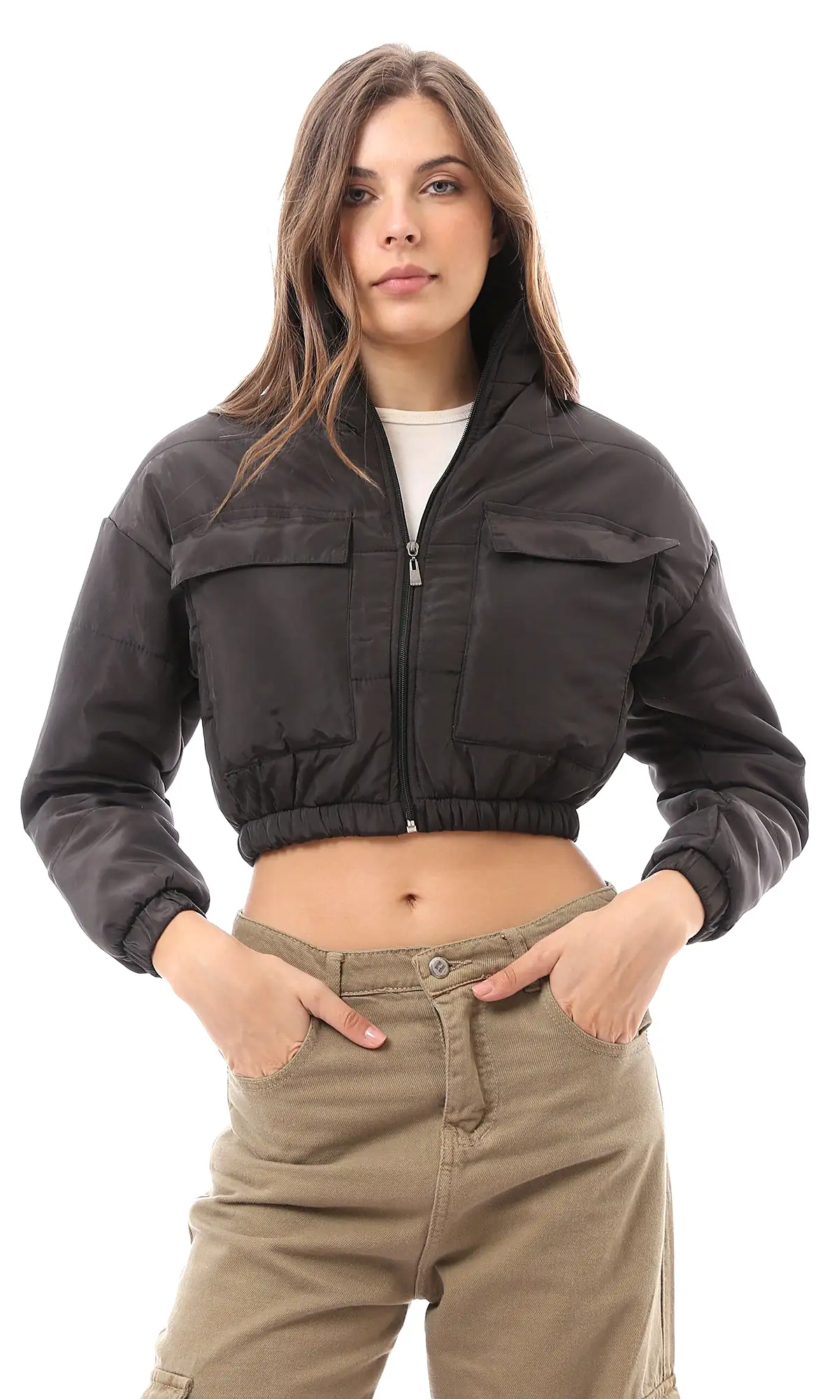 O170758 Trendy Black Cropped Puffer Jacket With Patched Pockets