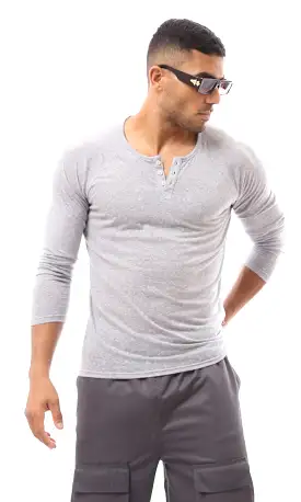 O171798 Buttoned Round Neck Heather Grey Henley Shirt