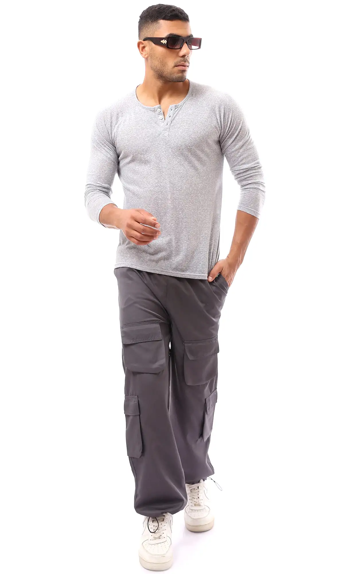 O171798 Buttoned Round Neck Heather Grey Henley Shirt