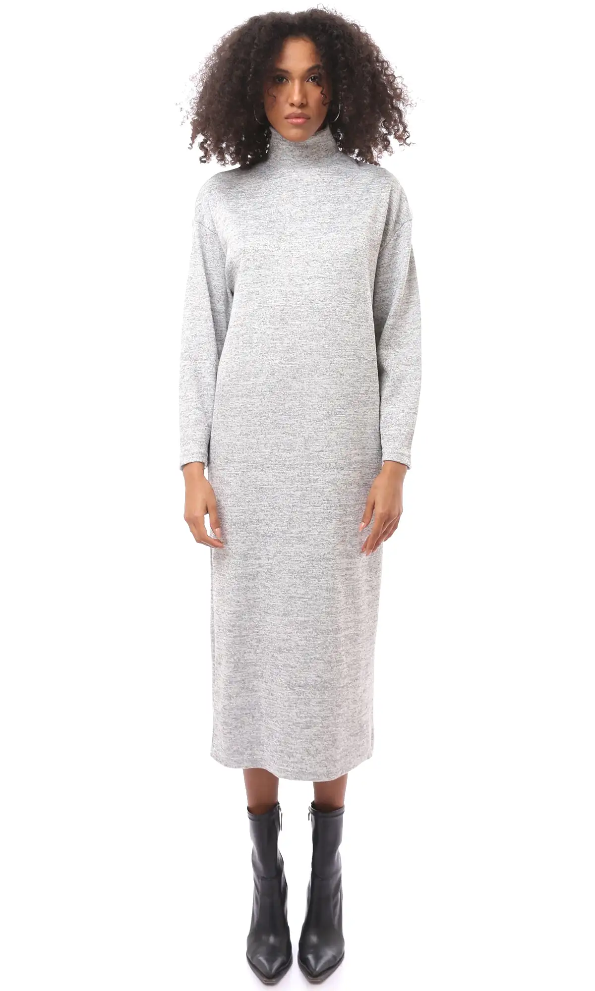 O173051 High-Neck Winter Heather Light Grey Midi-Dress