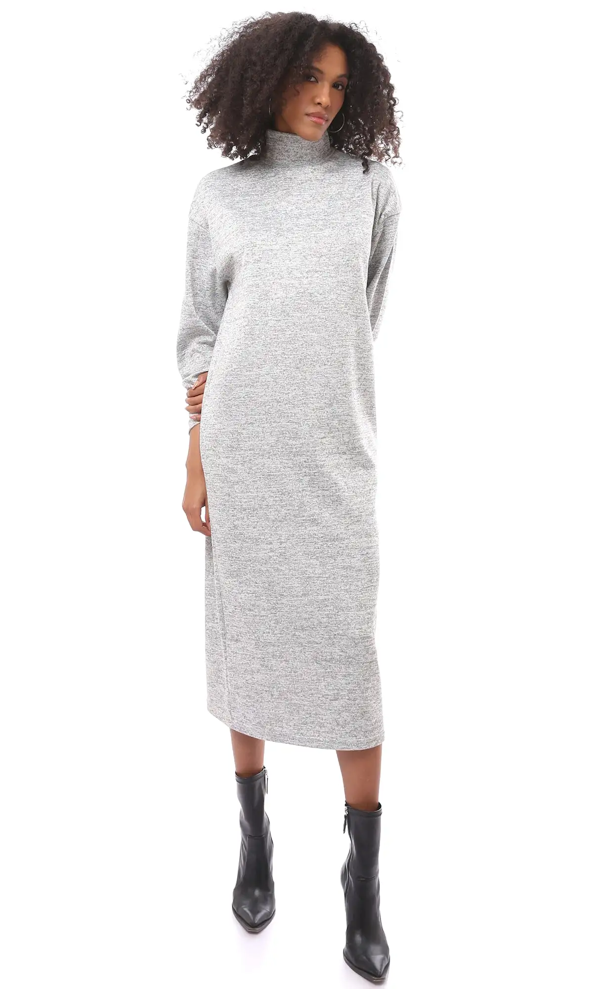 O173051 High-Neck Winter Heather Light Grey Midi-Dress