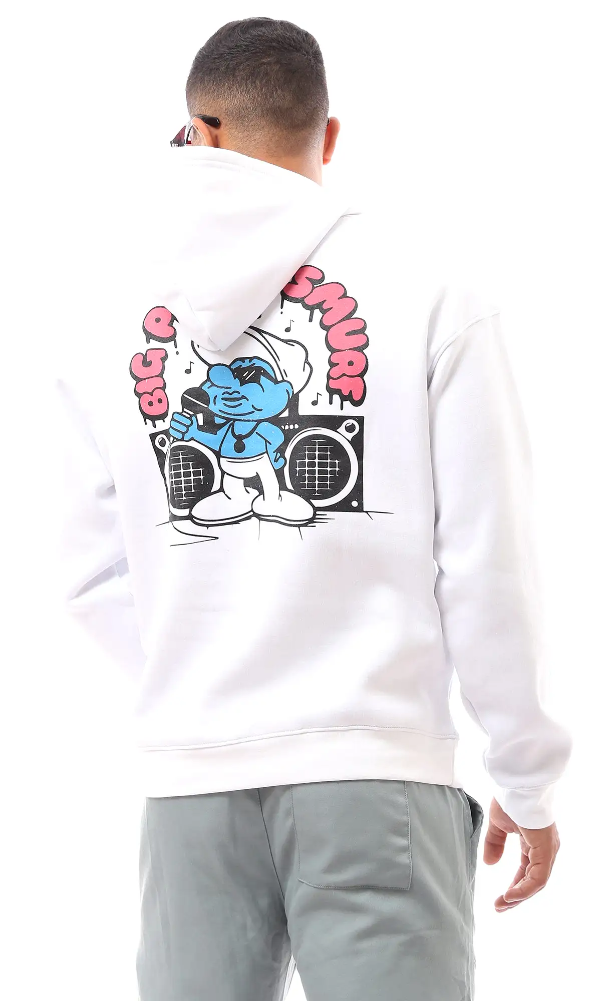 O173980 Long Sleeves Printed Smurf White Hoodie