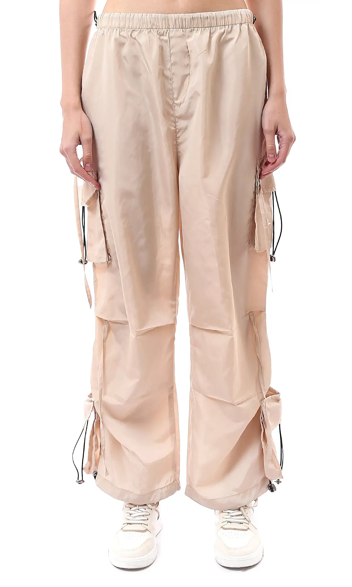 O174049 Beige Waterproof Cargo Pants With Patched Pockets