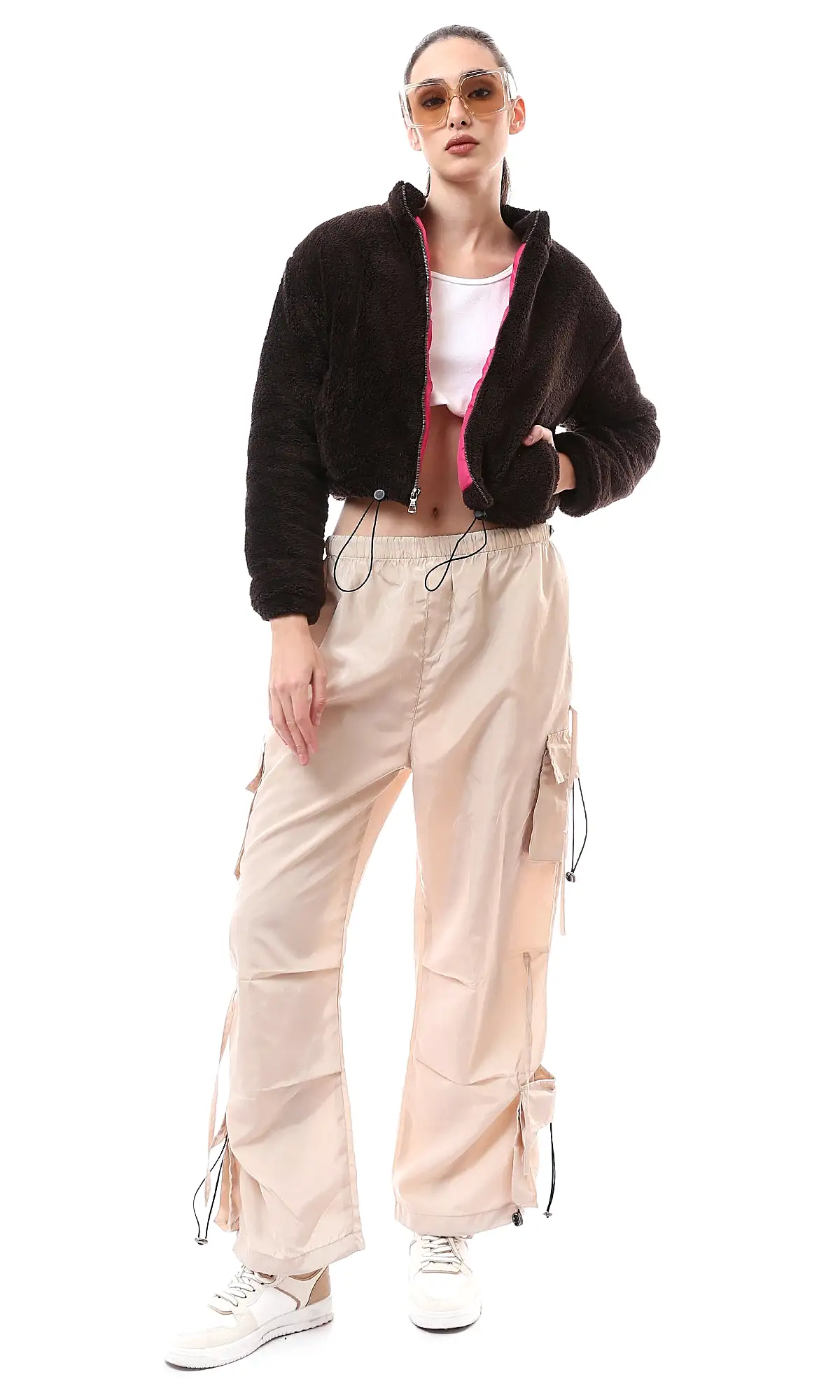 O174049 Beige Waterproof Cargo Pants With Patched Pockets