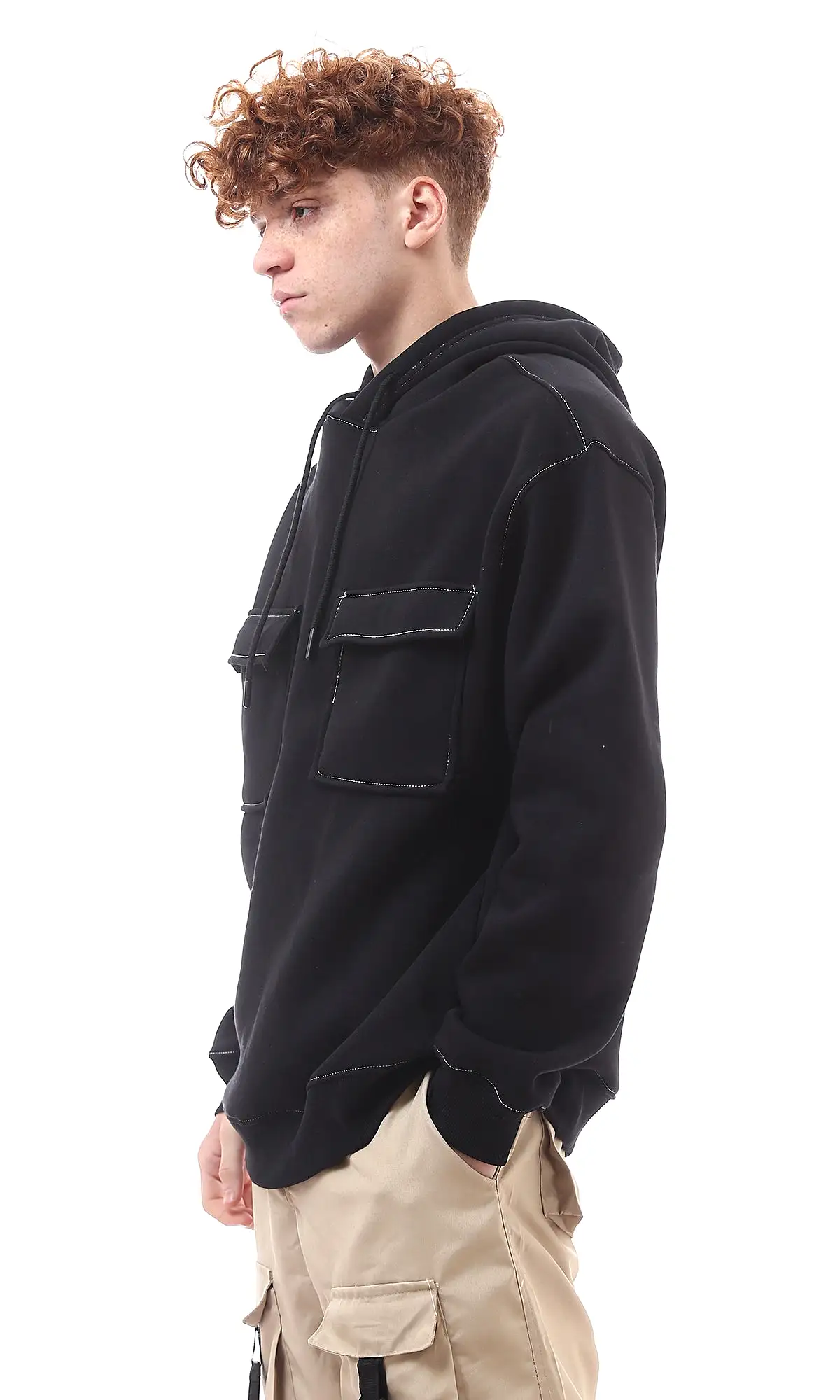 O175339 Front Patched Pockets Black Winter Hoodie