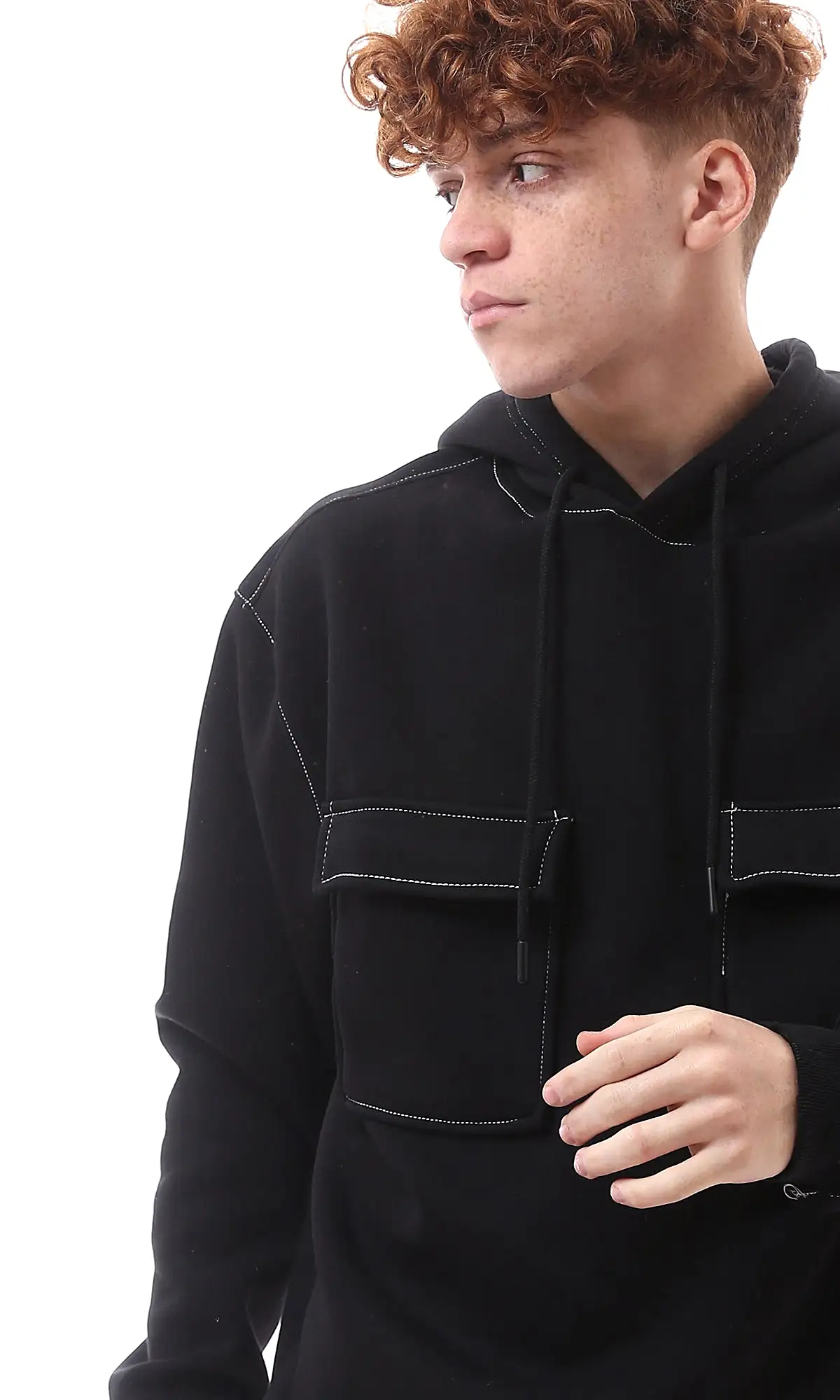 O175339 Front Patched Pockets Black Winter Hoodie