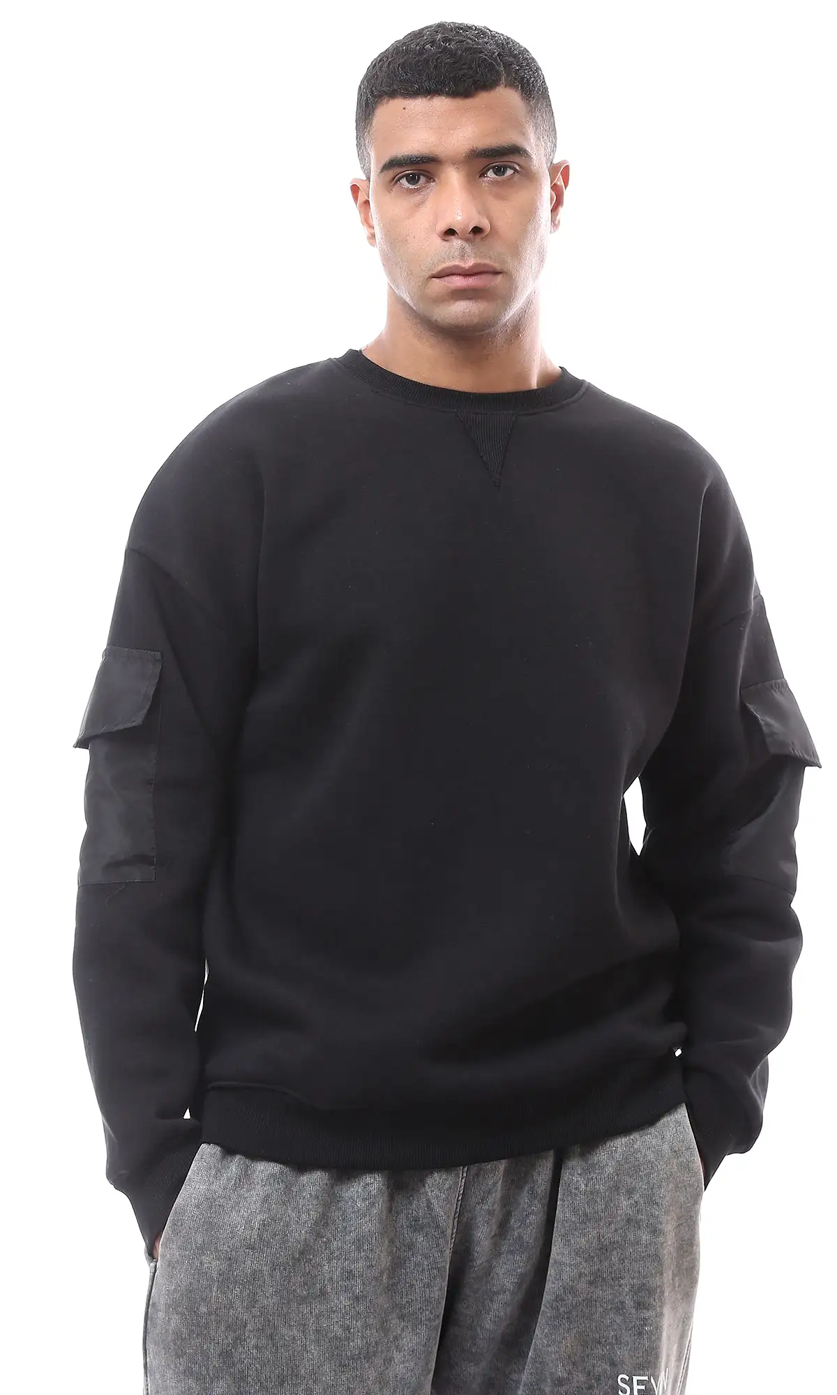 O175782 Black Sweatshirt With Patched Pockets On Sleeves