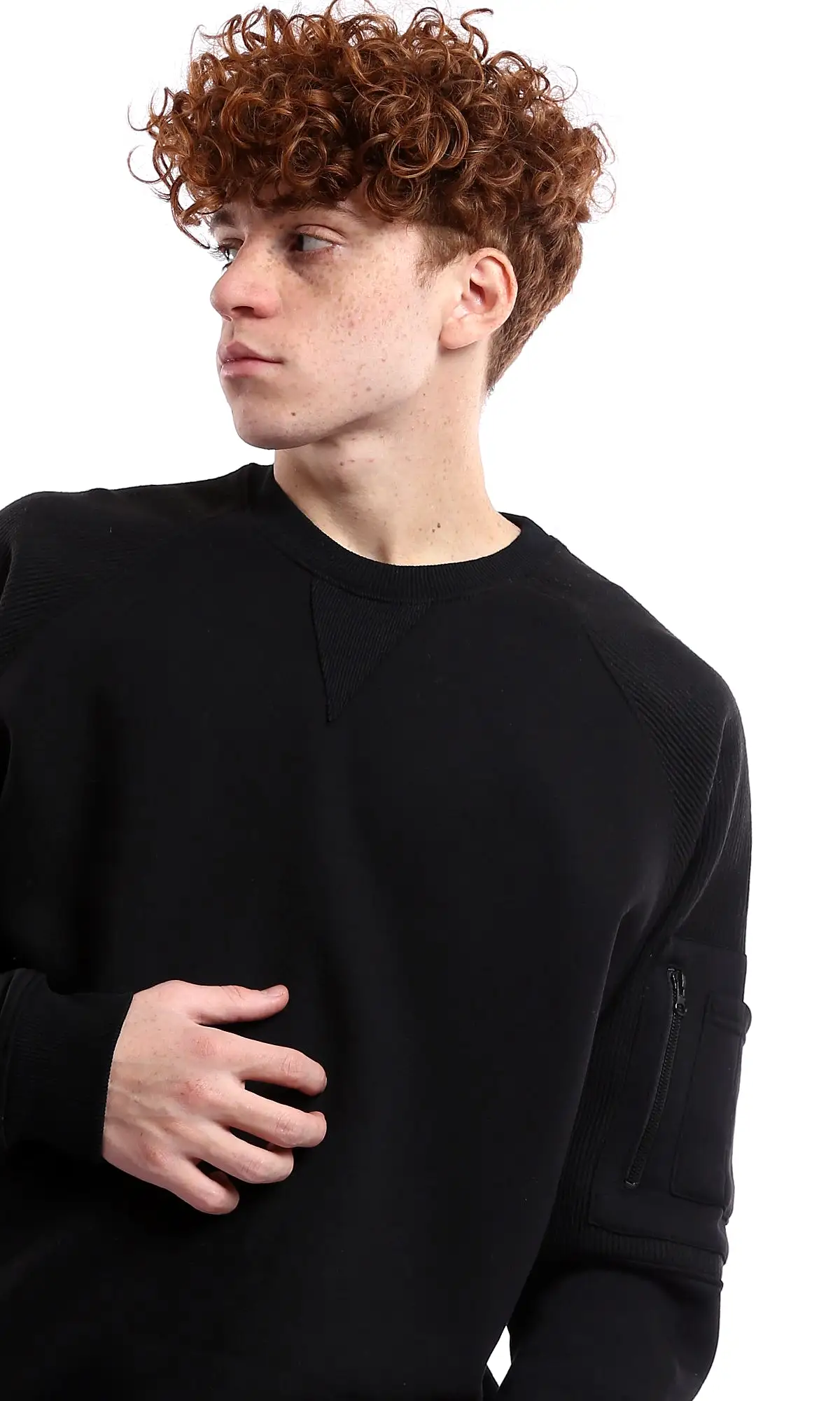 O176384 Black Ribbed Sleeves Slip On Casual Sweatshirt