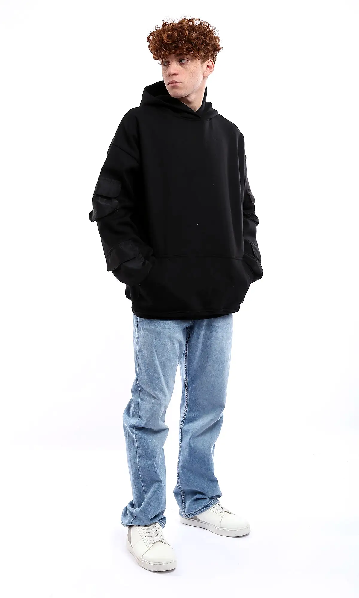 O176714 Black Solid Hoodie With Waterproof Patched Pockets