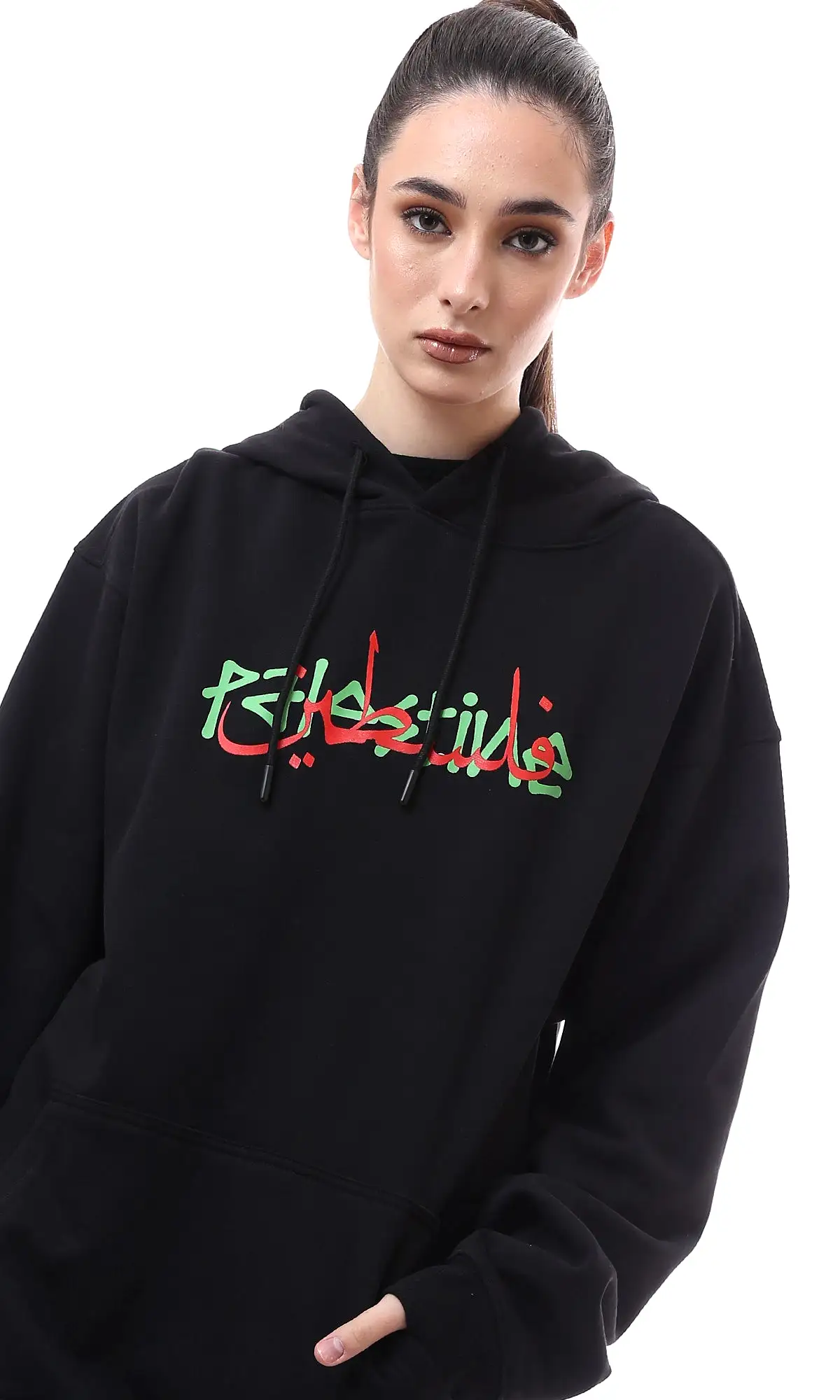 O176718 Palestine Long Sleeves Black Printed Hoodie